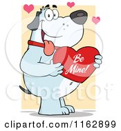 Cartoon Of A Happy Chubby Blue Dog Holding A Be Mine Red Valentine Heart Over Yellow Royalty Free Vector Clipart