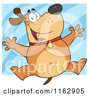 Cartoon Of A Happy Chubby Brown Dog Jumping Over Blue Royalty Free Vector Clipart