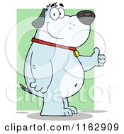Cartoon Of A Happy Chubby Blue Dog Standing And Holding A Thumb Up Over Green Royalty Free Vector Clipart