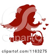 Poster, Art Print Of Silhouetted Red Cupid With A Basket Of Hearts