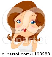 Cartoon Of A Brunette Woman Applying Lipstick Makeup Royalty Free Vector Clipart by BNP Design Studio