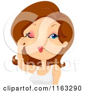 Cartoon Of A Brunette Woman Applying Eyeshadow Makeup Royalty Free Vector Clipart