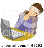 Cartoon Of A Female Author Blogger Or Student Thinking By A Laptop Royalty Free Vector Clipart
