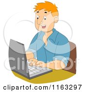 Cartoon Of A Happy Male Author Or Student Typing Royalty Free Vector Clipart