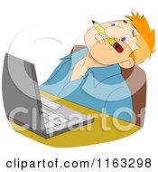Poster, Art Print Of Male Author Or Student Balanching A Pencil On His Upper Lip And Thinking By A Laptop