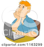 Cartoon Of A Male Author Or Student Thinking By A Laptop Royalty Free Vector Clipart by BNP Design Studio
