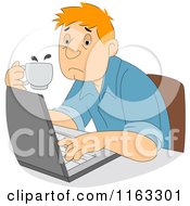 Poster, Art Print Of Tired Male Author Or Student Typing And Holding Coffee