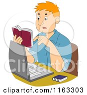 Male Author Or Student Reading A Dictionary Over His Laptop