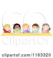 Cartoon Of Happy Diverse Students Raising Their Hands At A Desk Royalty Free Vector Clipart