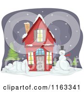 Poster, Art Print Of Red Christmas House With A Snowman