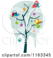 Poster, Art Print Of Frozen Bare Tree With Snow Christmas Baubles And Birds