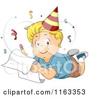 Poster, Art Print Of Happy Blond Boy Wearing A Party Hat And Writing Down His New Year Resolutions