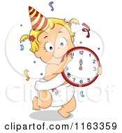 Poster, Art Print Of Dancing New Year Baby Girl With A Clock And Confetti