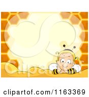 Poster, Art Print Of Baby Girl In A Bee Costume Inside A Honeycomb Frame With Copyspace