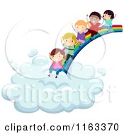 Happy Diverse Children Sliding From A Rainbow To A Cloud