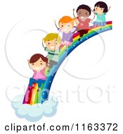 Poster, Art Print Of Happy Diverse Children Sliding Down A Rainbow