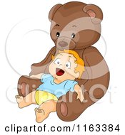 Poster, Art Print Of Happy Baby Boy Leaning Back Against A Giant Teddy Bear