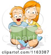Cartoon Of A Big Sister Reading A Story Book To Her Little Brother Royalty Free Vector Clipart