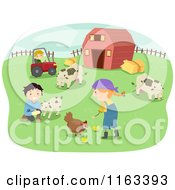 Happy Children Tending To Chickens Goats And Cows On A Farm