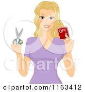 Cartoon Of A Blond Woman Holding A Coupon And Scissors Royalty Free Vector Clipart