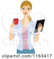 Cartoon Of A Happy Blond Woman Holding A Tablet And Coffee Royalty Free Vector Clipart