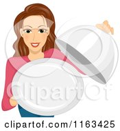 Cartoon Of A Brunette Woman Holding An Empty Serving Platter Royalty Free Vector Clipart by BNP Design Studio