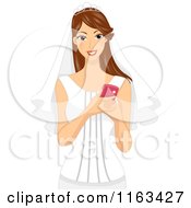 Cartoon Of A Happy Brunette Bride Holding A Cell Phone Royalty Free Vector Clipart