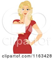 Cartoon Of A Beautiful Blond Woman Holding Out A Business Card Royalty Free Vector Clipart