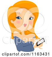 Cartoon Of A Red Haired Woman Using A Touch Phone Royalty Free Vector Clipart