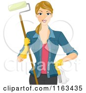 Poster, Art Print Of Happy Blond Woman Holding A Paint Roller