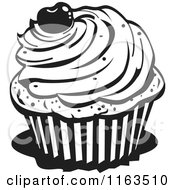 Clipart Of A Black And White Cupcake With A Cherry On Top Royalty Free Vector Illustration by Andy Nortnik