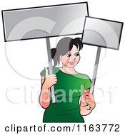 Clipart Of A Happy Woman In A Green Shirt Holding Signs Royalty Free Vector Illustration by Lal Perera