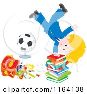Poster, Art Print Of School Boy Doing A Hand Stand On A Stack Of Books By A Globe