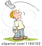 Cartoon Of A Newspaper Flying Over A Mans Head Royalty Free Vector Clipart