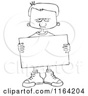 Cartoon Of An Outlined Angry Boy Holding A Sign Royalty Free Vector Clipart