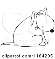 Cartoon Of An Outlined Dog Sitting And Glancing Upwards Royalty Free Vector Clipart