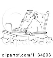 Cartoon Of An Outlined Jesus Working On A Laptop At A Desk In Heaven Royalty Free Vector Clipart
