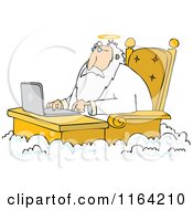 Jesus Working On A Laptop At A Desk In Heaven