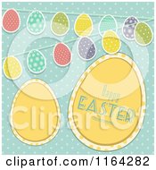 Poster, Art Print Of Yellow Happy Easter Eggs With Buntings Over Polka Dots On Blue