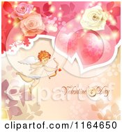 Clipart Of A Valentines Day Background With Cupid Roses Text And Hearts Royalty Free Vector Illustration by merlinul