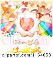 Poster, Art Print Of Valentines Day Background With A Dewy Heart And Flowers And A Rainbow Over Text