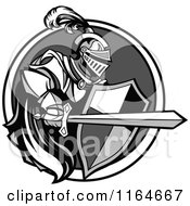 Cartoon Of A Grayscale Knight With A Cape Shield And Sword In A Circle Royalty Free Vector Clipart