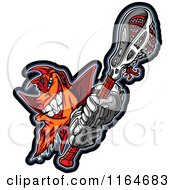 Cartoon Of A Grinning Orange And Red Devil With A Lacrosse Stick Royalty Free Vector Clipart