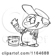 Cartoon Of An Outlined Painter Boy With A Bucket Of Red Paint Royalty Free Vector Clipart