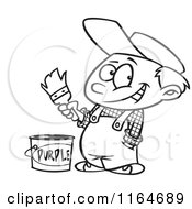 Cartoon Of An Outlined Painter Boy With A Bucket Of Purple Paint Royalty Free Vector Clipart