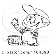 Cartoon Of An Outlined Painter Boy With A Bucket Of Blue Paint Royalty Free Vector Clipart
