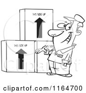 Cartoon Of An Outlined Happy Male Mover Presenting Boxes Royalty Free Vector Clipart