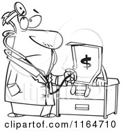 Cartoon Of An Outlined Male Doctor Diagnosing The Dollar Royalty Free Vector Clipart