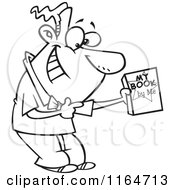 Cartoon Of An Outlined Male Autor Suggesting His Book Royalty Free Vector Clipart by toonaday