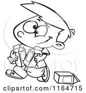 Cartoon Of An Outlined Boy Carrying Quarts Of Milk Royalty Free Vector Clipart